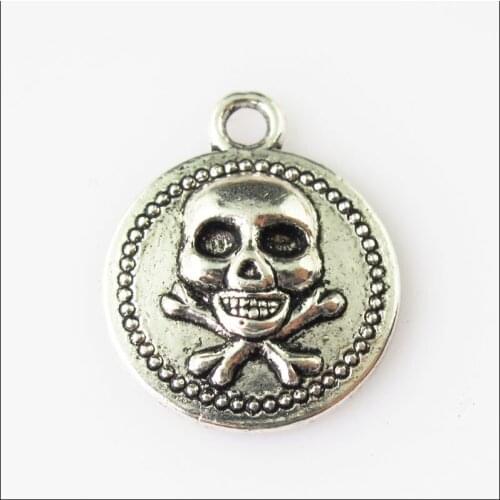 18 New Halloween Round Skull Tibetan Silver Tone Charms Pendants 15x17.5mm