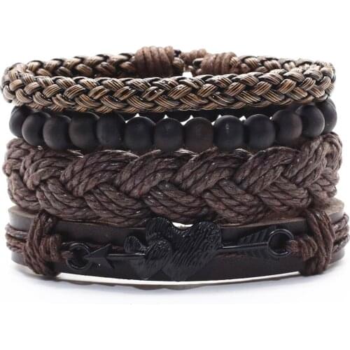 3-4pcs/set Vintage Handmade Woven Wood Beaded Genuine Leather Heart Rudder Charm Homme Bracelet Women Men Femme Male Jewelry