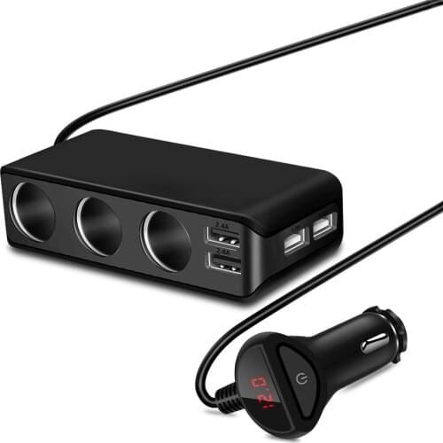 3 Way Car Cigarette Lighter 4 USB Port Socket Splitter 120W Output Power Adapter 12~24V Charger Fast Charging Voltmeter ALLOMN