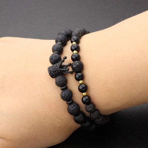 Natural Stone Beads Mens Stainless Steel Crown Bracelet Set Lava Stone Beaded Bracelets For Women Bileklik Pulseras hombre Gift