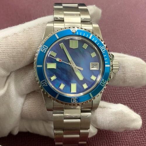 Watch retro 1960 blue shell pattern dial 39.5mm with Japanese NH35 automatic movement C3 green luminous stainless steel strap