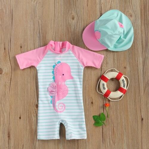 Summer Kids Girls Swimsuit with Bathing Cap Short Sleeve Back Zipper Cartoon Swimwear Bathing Suit Beachwear for Children