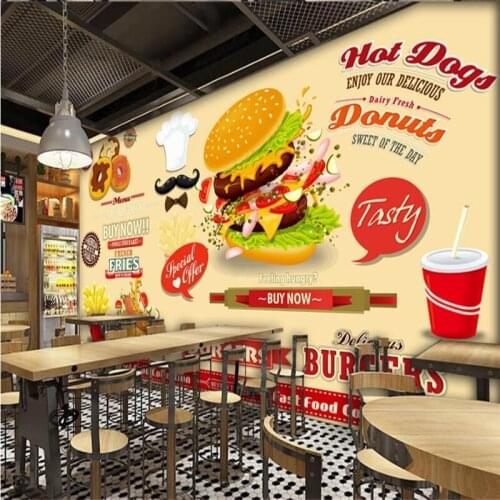 Europe and America Hamburger Western Fast Food Restaurant Snack Bar Industrial Decor Background Mural Wallpaper Wall Paper 3D