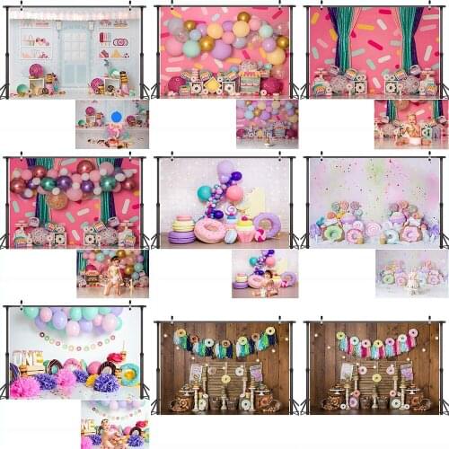 Sweet Donuts Kids Portrait Backdrop Balloons Donuts Baby Birthday Cake Smash Background Decorations Candyland Art Photography