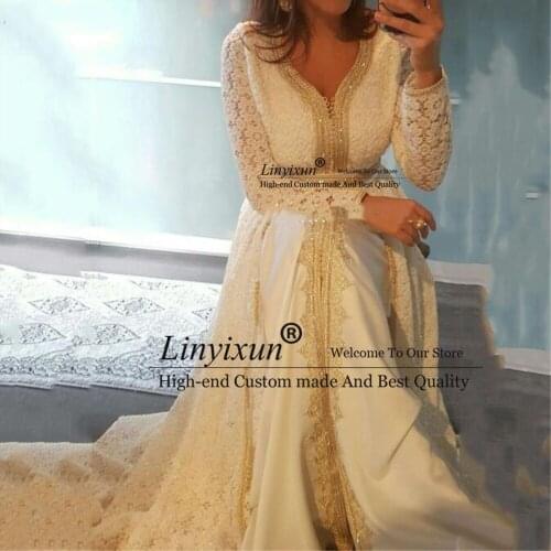 Lace Moroccan Caftan Long Formal Evening Dresses Gold Appliques Special Occasion Dresses Arabic Muslim Sesy Evening Party Gowns
