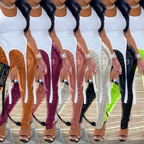 Fashion Women Bright PU Leather Pant Trousers High Waist Tight Stacked Zipper Split Sexy Slim Bodycon Pants 2021 Outfit Clothing