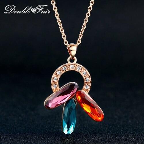 Multicolor Long Oval Cubic Zirconia Pendant Necklaces Rose Gold Color Wedding Birthday Gift Chain Jewelry For Women N073
