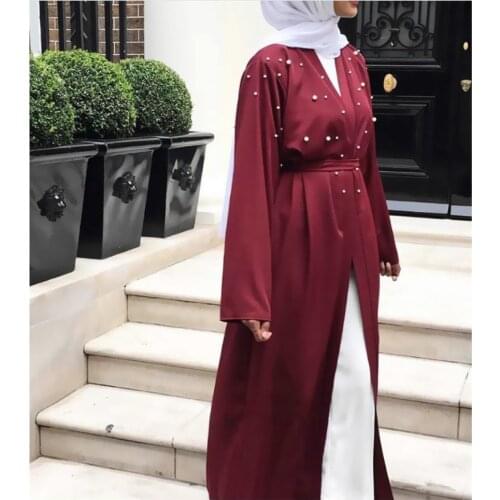 Muslim Dresses With Pearl Dubai Abaya Kimono Cardigan Plus Size Robe Casual Kaftan Maxi Dress Soft Long Women Clothing #D436