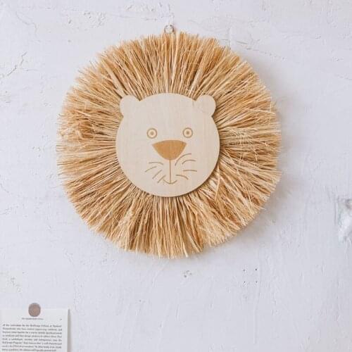 Nordic Style Weaving Straw Wall Pendant Hand Woven Cartoon Wooden Animal Head Ornaments Children Room Hanging Decorations