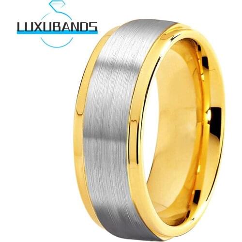 8MM Gold Tungsten Wedding Rings For Men Wemen Flat Stepped Edges Engagement Bands Brushed Finished Comfort Fit