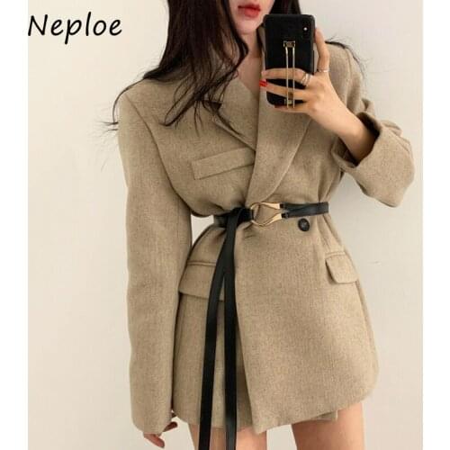 Neploe Solid Color Long Sleeve Woolen Jacket Korea Chic Autumn Retro Lapel Coat Women Two Buttons Loose Casual Jackets with Belt