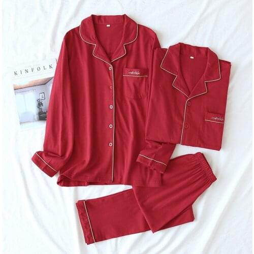 New spring and autumn couple knit pajamas, long-sleeved trousers, two-piece 100% cotton red mens and womens home service suit