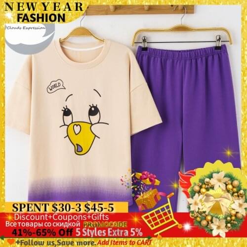 Summer Pajama Sets Short Sleeved Cartoon Cotton Sleepwear Womens Pajamas M-3XL Size Loungewear Loose Casual Home Pijama Mujer