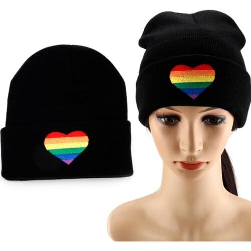LGBT Gay Pride Accessories Women Mens Hats Winter Ski Beanie Cap Knitted Embroidery Rainbow Love Heart Hat Keep Warm