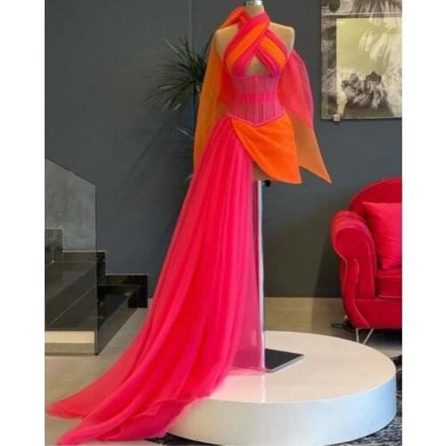 Sexy Prom Gowns Tiered Evening Party Dress Criss Cross Mixed Color Hot Pink Orange See Thru Formal Dress With Overlay