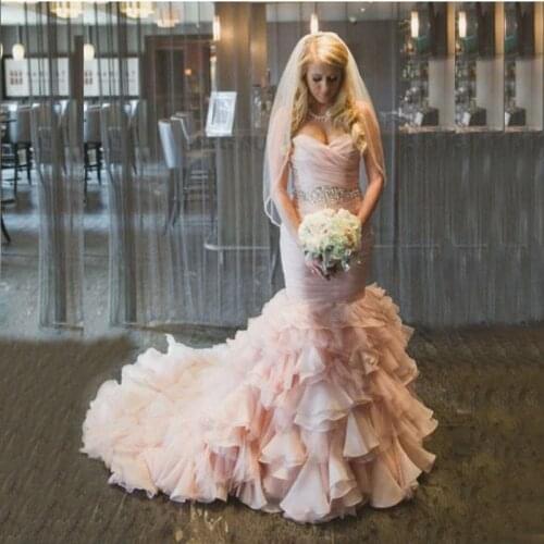 Modern Classic Blush Pink Mermaid Sweetheart Bridal Wedding Dresses Lace Up Back Beaded Wedding Gowns for Bride Tiered Bottom