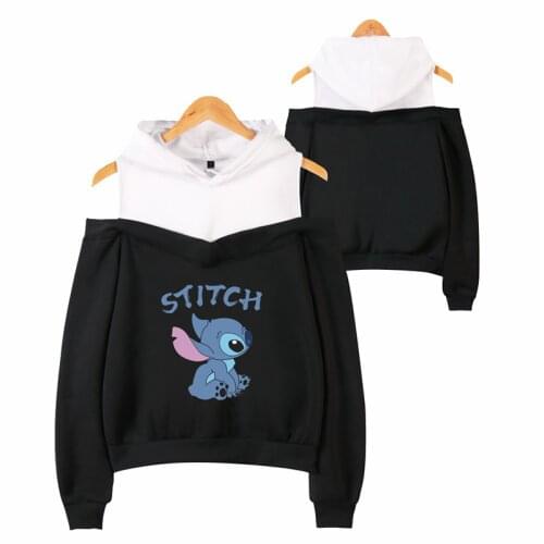 Disney Lilo Stitch Print Hoodies Women Fashion Harajuku Shirt Sexy Off-shoulder Sweatshirt Femme Loose Kawaii Clothing For Girls