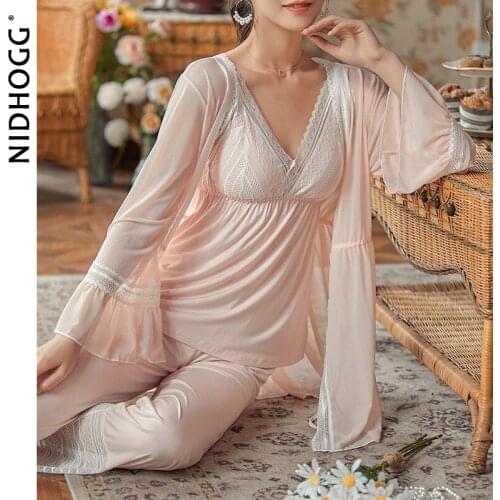 New Mesh Modal 3-Piece Nightdress V-neck Lace Bell Sleeve Womens Pajamas Solid Modal Sexy Nightwear Cute Night Gown Robe Sets