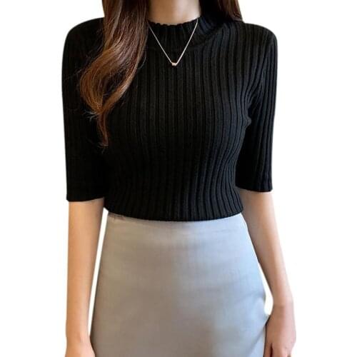 Women T-shirt Knitted Solid Color Look Thin Slim Skinny Short T-shirt Fashion Style For Female