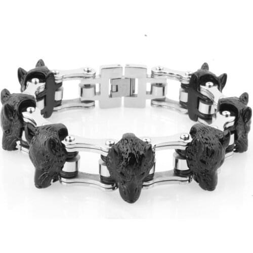 Granny Chic Black/Silver Color Biker Motorcycle Link Punk 316L Stainless Steel Gothic Wolf Bracelet Bangle Wristband