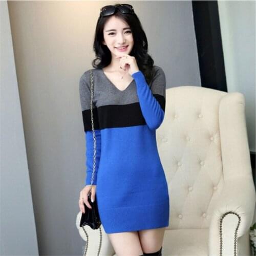 2021 Fashion Spring Autumn Women Patchwork Stripe Sweater Dress Slim Sexy Long-sleeved Female Pullovers Casual Knit Jumper Tops