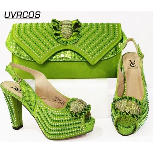 2021 New Arrival African High Heel Nigerian Fashion Style Hot Selling Green Color Ladies Shoes and Bag Set for Party Mature