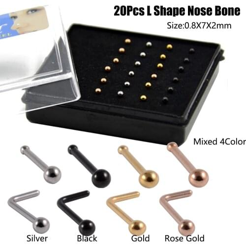 24Pcs Mixed Anodzied 0.8X7X2mm 4 Colors L Shape Nose Bone Labret Nose Straight Stud Nail Piercing Body Jewelry