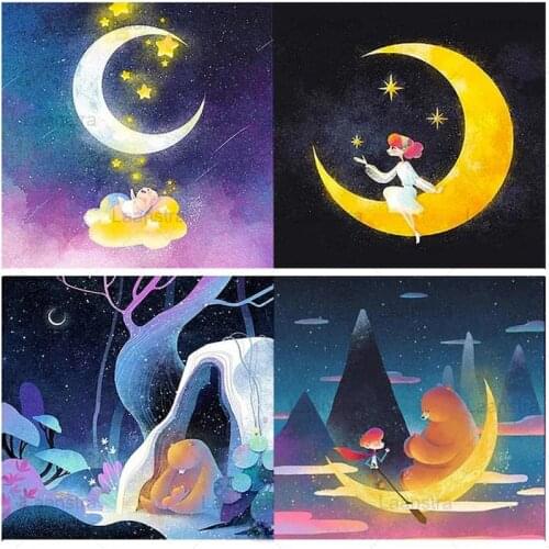 5D DIY Full Square or Round Diamond Embroidery Cartoon Night View Diamond Painting Moon Baby Girl Boy Bear Cross Stitch Diamond