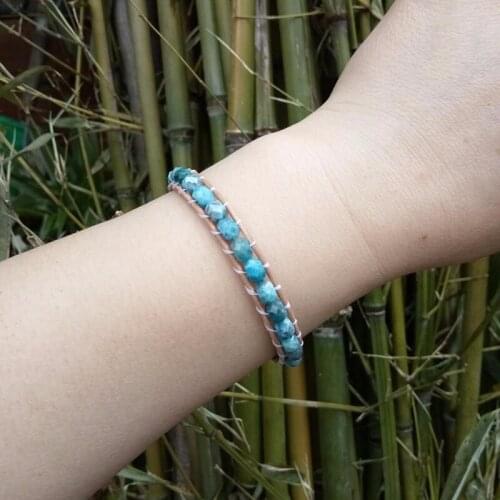 Handmade Leather Wrap Natural Blue Apatite Stones Facted Round Beads Bracelets For Women Men Jewelry Bracciali 20cm Bileklik