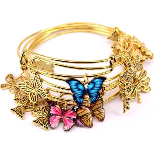 5pcs Bangle Set Gold Color Bracelets for Women Girls Jewelry Butterfly Bow Dragonfly Charms Bangles Cuff Jewlery C04547