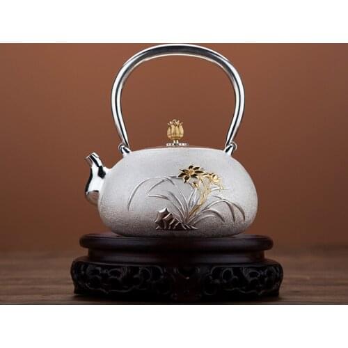 Pure silver Kung Fu tea set, manual production pure silver 999 do old burn water kettle mention beam pot, office gift collection