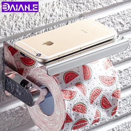 Stainless Steel Toilet Paper Holder with Shelf Wall Mounted Paper Towel Holder Rack Mobile Phone Bathroom Roll Paper Holder