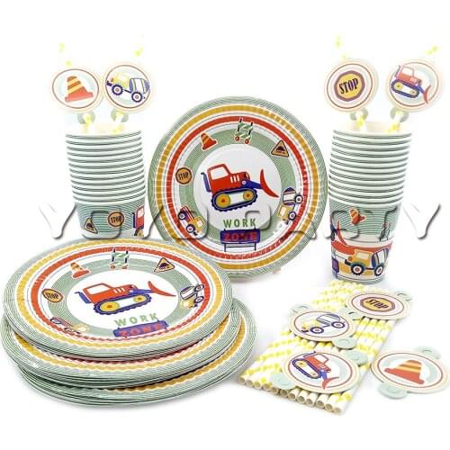For 24 Kids Boys Construction Vehicles Party Birthday Party Tableware Set 24pcs Dessert Plate 24pcs Cup 24pcs Paper Straw