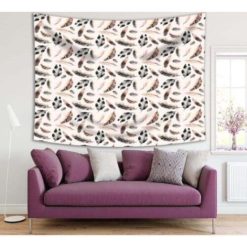 Tapestry Bird Feathers in Brown and Black Colors Watercolor Simple Modern Rustic Nature Themed Artwork Printed