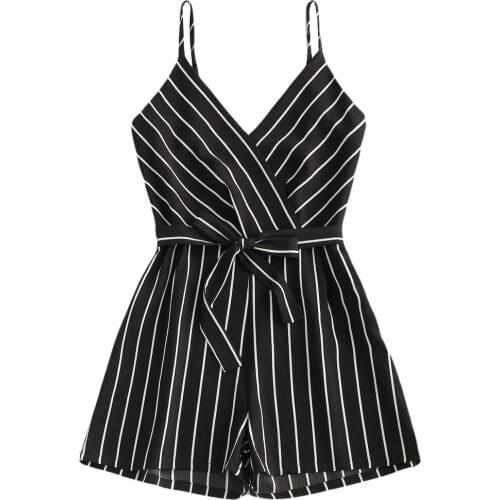 2020 Womens Hot Sale Jumpsuits Casual Sleeveless Strappy Short Playsuits Striped Cami Belt Bandage Romper Jumpsuit Plus Size