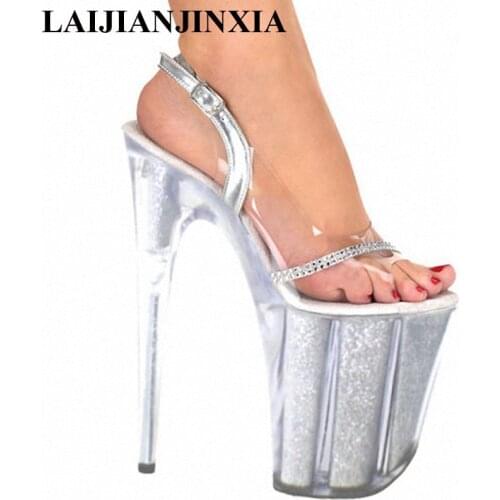 LAIJIANJINXIA 8 inch platform crystal shoes silver bridal party shoes 20cm sexy ultra high heels sandals clear lady Dance Shoes