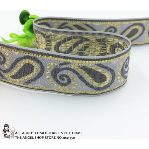 New Design 1"30MM 10yards/lot Handmade Accessories Lace Ribbon Single Face Grey Woven Jacquard Ribbon With Gold Thread