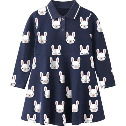 Girls Long Sleeve Turn-Down Collar Cartoon Rabbit Print A-line 100% Cotton Polo Dresses Spring Autumn Daily Dresses