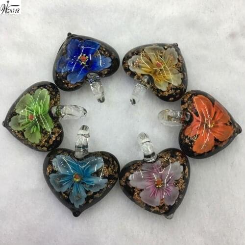 Free Shipping Women Fashion Jewelry 22x37x15mm Beautiful Lampwork Glass Heart Flower Pendant Bead WFH567a