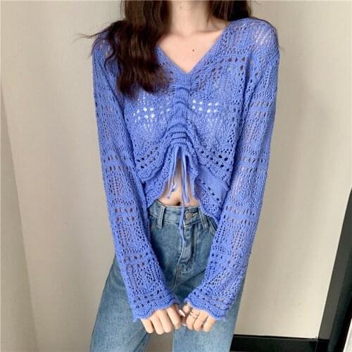 2021 new spring and autumn thin loose drawcord sunscreen top hollow V-Neck long sleeve T-shirt for women
