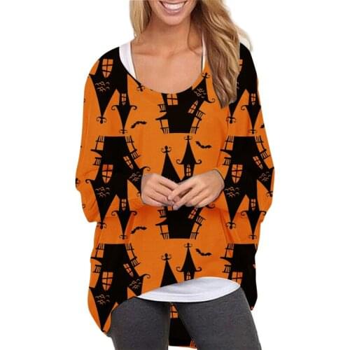 Batwing Sleeve Loose Casual Tee Y2k Tops Halloween Print Funny O-neck Long Sleeve Autumn Fashion T-shirt Harajuku Women Tshirts