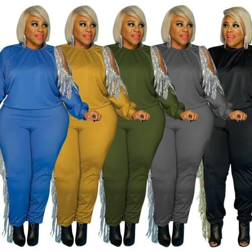 Spring Womens 2-piece Clothing Tassel Stretch Solid Color Jogger Clothing Sportswear Matching Suit Jacket and Pants Streetwear