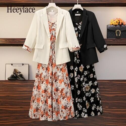Plus Size Office Ladies Elegant Two Pieces Set Korean Casual Sleeveless Print Vest Dresses And Long Sleeve Blazer Coat Suits 5XL