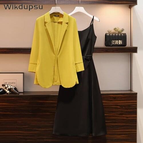 Spring Summer Autumn Dress Suit Women Two Piece Set Fashion Work Casual Office Lady Blazer Top & A-line Dress Female Plus Size