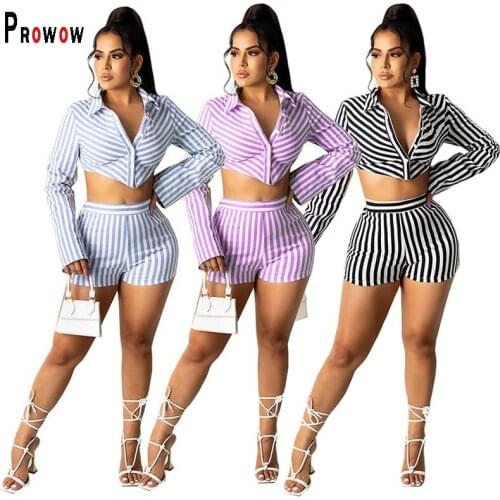 Prowow Fashion Striped Office Lady Two Piece Set Long Sleeve Blouses Shorts Matching Suits for Woman New Summer Female Clothing