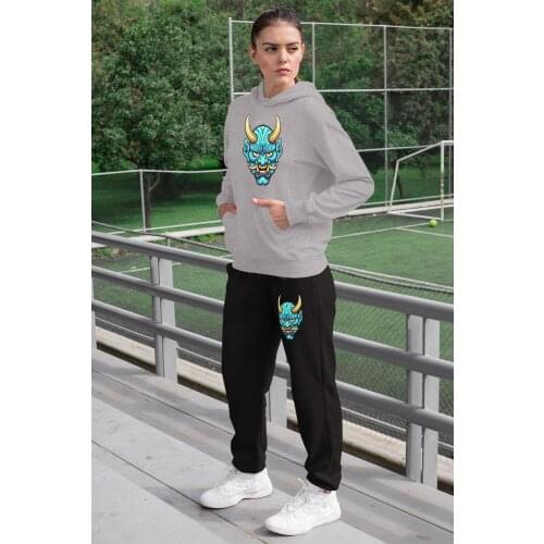 Angemiel Wear Demon Women 'S Tracksuit Set Gray Hooded Sweatshirt Black Sweatpants