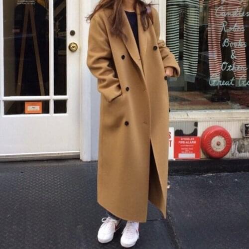 Women Korean Double Breasted Long Wool Coat 2020 Autumn Winter Long Sleeve Woman Parkas Jacket Vintage Overwear veste femme Z599
