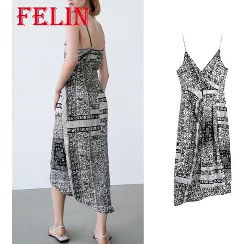 Za 2021 Women Chic Geometric Print Sexy Vintage Midi Dress Sleeveless V Neck Front Split Stylish Dress Loose Elegant Vestidos