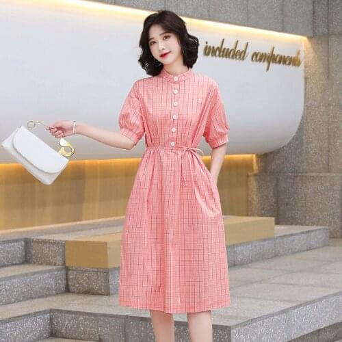 Women Midi Plaid Shirt Dress Summer 2021 Runway Elegant Pocket Korean Office Casual Sea Beach Vacation Party Vestidos Pink New