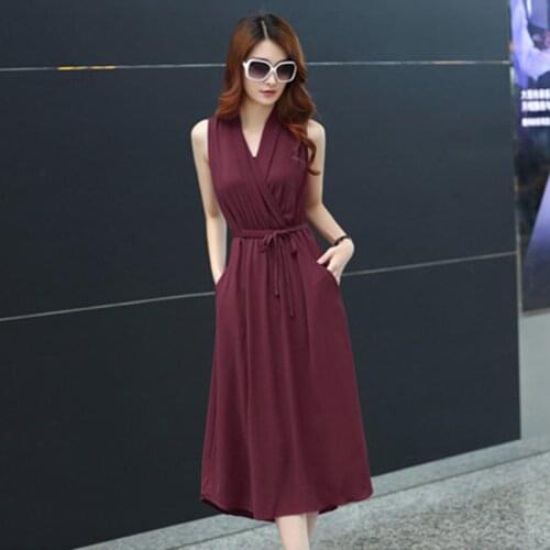 2018 Summer New Womens Large Size Slim Was Thin Temperament V-Neck Chiffon Dress C99